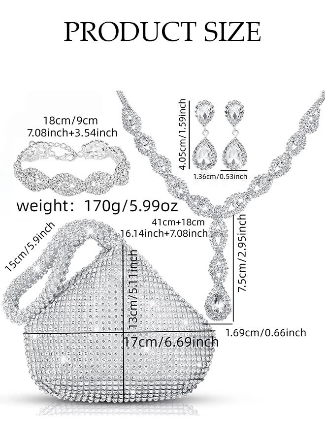 DUNISO 5 Piece Clutch Bag Rhinestone Jewelry Set, Sparkling Rhinestone Necklace Earrings Bracelet Silver Wire Tassel Shawl Cape Evening Bag Set for Women Dinner Date Wedding, Silver - Image 2