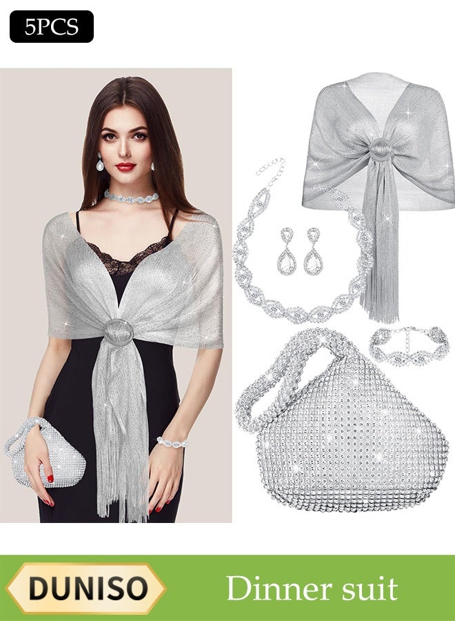 DUNISO 5 Piece Clutch Bag Rhinestone Jewelry Set, Sparkling Rhinestone Necklace Earrings Bracelet Silver Wire Tassel Shawl Cape Evening Bag Set for Women Dinner Date Wedding, Silver - Image 1