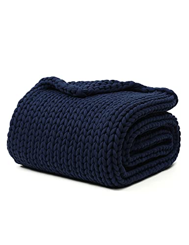 YnM Cotton Weighted Blanket Handmade Chunky Knitted Design Soft and Cozy Temperature Regulating and Breathable Machine Washable Throw for Sleep or Home Decor Navy Blue 50x60 Inch 15lbs