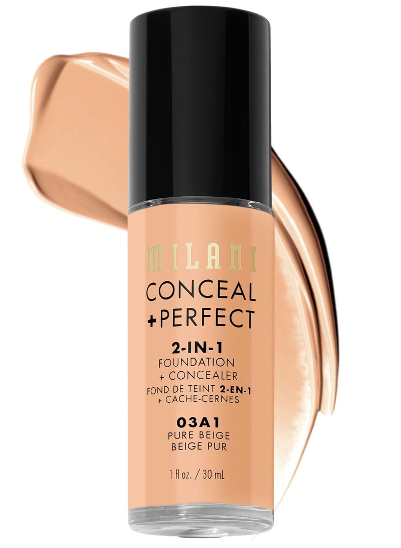 MILANI Milani Cosmetics Conceal + Perfect 2-In-1 Foundation + Concealer 03A1 Pure Beige 30ml – Full Coverage, Lightweight, Long-Lasting, Water-Resistant, Oil-Free, Vegan & Cruelty-Free - Image 1
