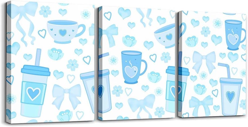 Boho Floral Pictures Wall Decor Framed Blue Romantic Ribbon Bowknot 3 Piece Framed Wall Art for Living Room 16" Lx12 W Each, Cute Love Heart Dreamy Princess Style Bowknot Posters for Room - Image 1
