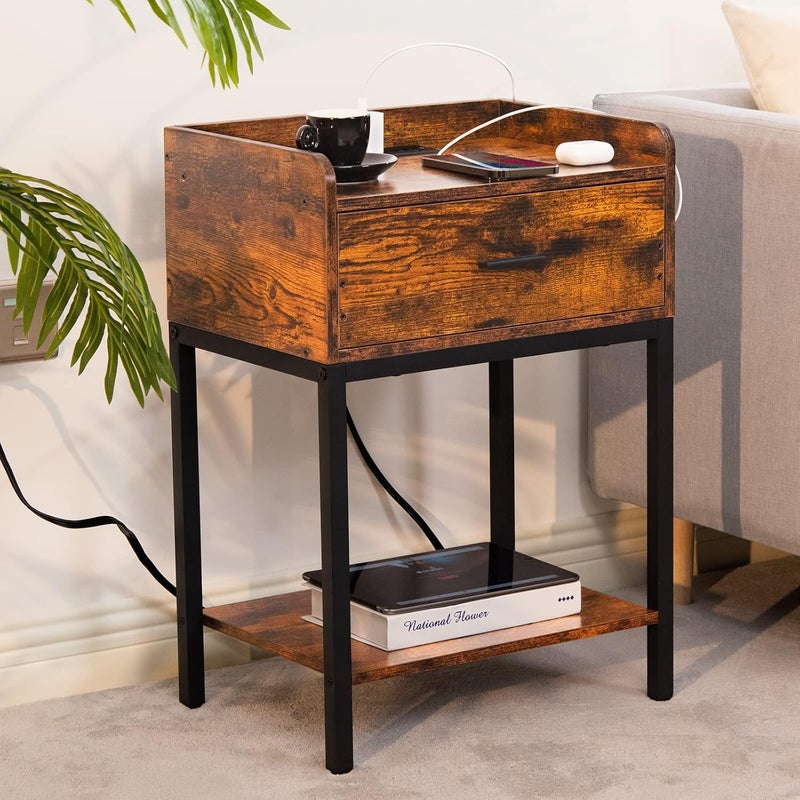 Lerliuo Lerliuo Nightstand with Charging Station and USB Ports 3Tier End Side Table with Storage Drawer and Shelf Modern Bedside Night Stand for Bedroom Living Room Retro Brown  - Image 4