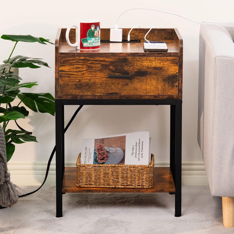 Lerliuo Lerliuo Nightstand with Charging Station and USB Ports 3Tier End Side Table with Storage Drawer and Shelf Modern Bedside Night Stand for Bedroom Living Room Retro Brown  - Image 2