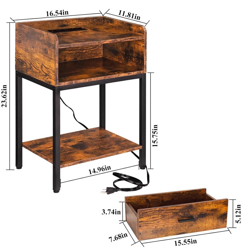 Lerliuo Lerliuo Nightstand with Charging Station and USB Ports 3Tier End Side Table with Storage Drawer and Shelf Modern Bedside Night Stand for Bedroom Living Room Retro Brown  - Image 3