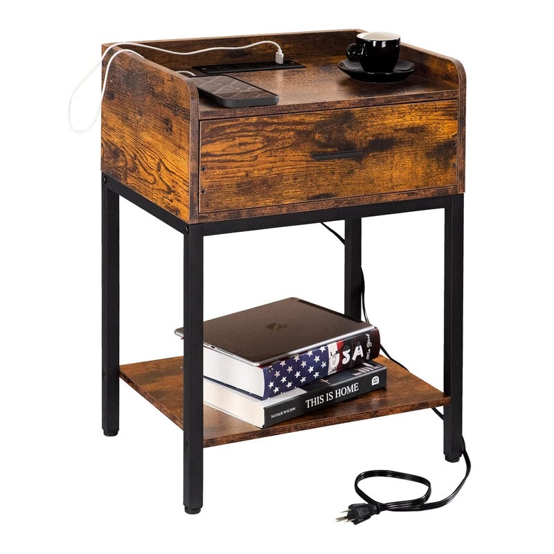 Lerliuo Lerliuo Nightstand with Charging Station and USB Ports 3Tier End Side Table with Storage Drawer and Shelf Modern Bedside Night Stand for Bedroom Living Room Retro Brown  - Image 1