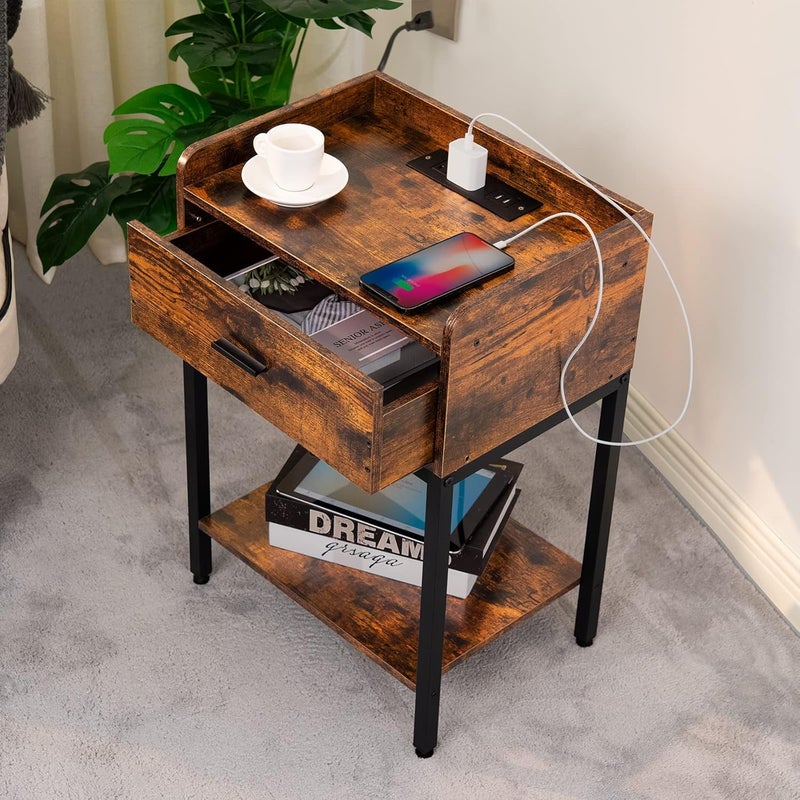 Lerliuo Lerliuo Nightstand with Charging Station and USB Ports 3Tier End Side Table with Storage Drawer and Shelf Modern Bedside Night Stand for Bedroom Living Room Retro Brown  - Image 5