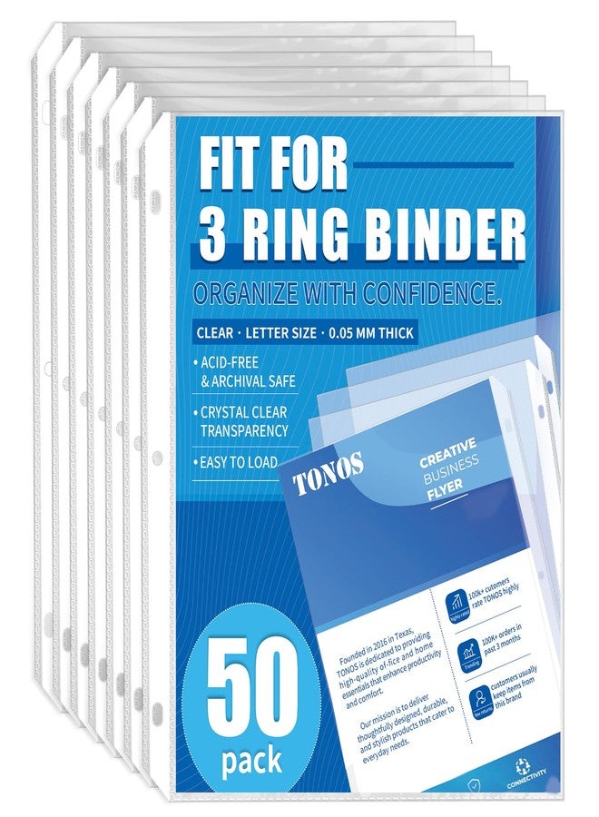 TONOS 50 Pack Sheet Protectors for 3 Ring Binder - Clear Page Protectors & Plastic Sleeves for Paper 8.5x11 Inch, Binder Sleeves and Paper Protector Sheet for Document, Letter Size, Top Loading - Image 1