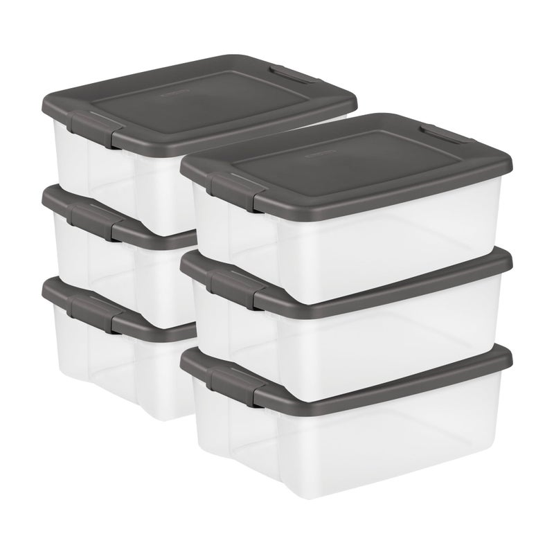 Sterilite 6Pack Plastic Storage Bins w Lids Shelf Totes Clear Containers 25 Qt Gray