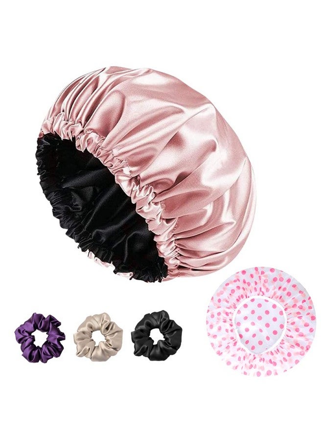 Atrube's Silk Satin Hair Bonnet Reversible Sleep Cap with adjustable tie band with Shower Cap, Reusable waterproof elastic bathroom cap And Scrunchies Silk bonnet for hair (Pink combo) - Image 1