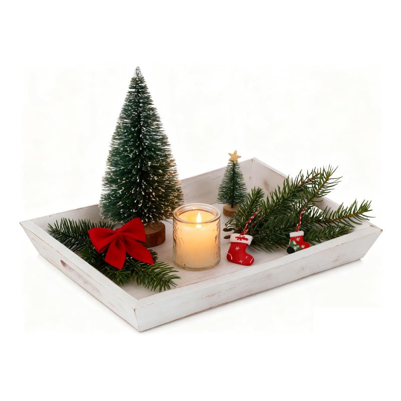 Hanobe Decorative Wooden Serving Tray: Rustic Wood Ottoman Trays for Coffee Table Rectangular Tray with Handles for Living Room Kitchen Home Decor, White - Image 1
