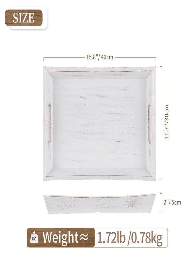 Hanobe Decorative Wooden Serving Tray: Rustic Wood Ottoman Trays for Coffee Table Rectangular Tray with Handles for Living Room Kitchen Home Decor, White - Image 3