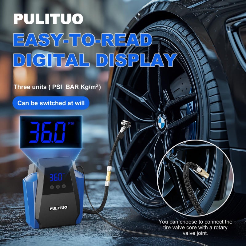 PULITUO Tire Inflator Portable Air Compressor - Car Accessories 12V DC Air Pump for Car Tires with Digital Pressure Gauge, Emergency LED Light for Wheel, Bike, Ball, Motor - Image 2