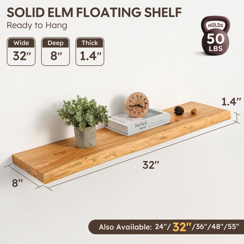 Realgulf Floating Shelves Set of 2, Solid Elm Wood Wall Shelves 32 Inch - Invisible Bracket Mount for Living Room, Bedroom, Kitchen, Bathroom - Natural - Image 3