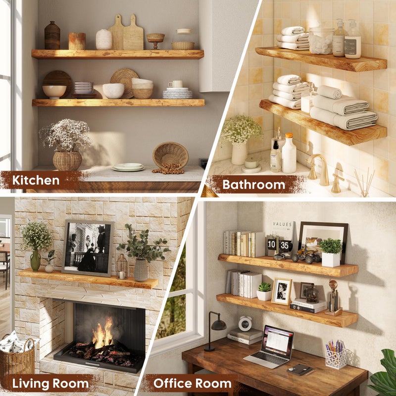 Realgulf Floating Shelves Set of 2, Solid Elm Wood Wall Shelves 32 Inch - Invisible Bracket Mount for Living Room, Bedroom, Kitchen, Bathroom - Natural - Image 5