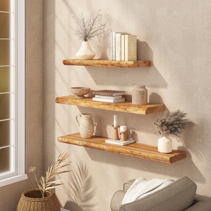 Realgulf Floating Shelves Set of 2, Solid Elm Wood Wall Shelves 32 Inch - Invisible Bracket Mount for Living Room, Bedroom, Kitchen, Bathroom - Natural - Image 4