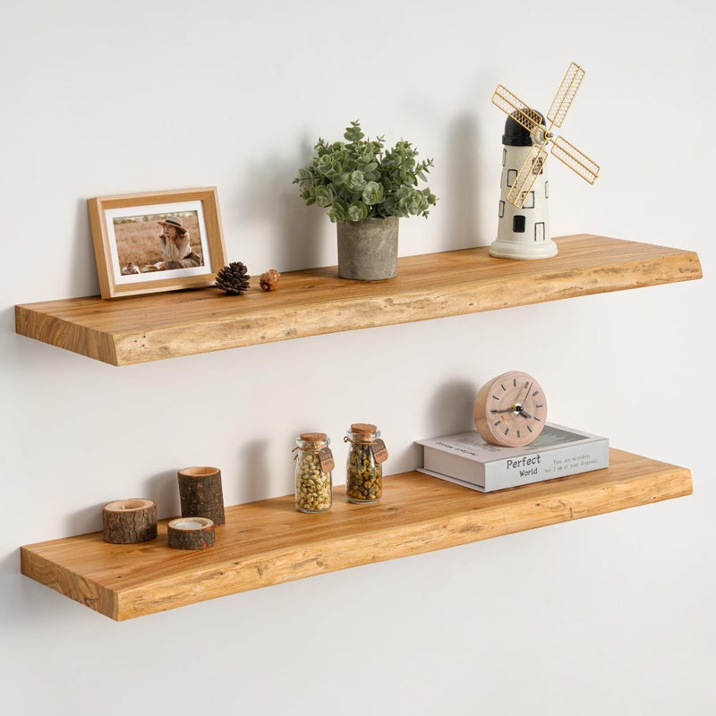 Realgulf Floating Shelves Set of 2, Solid Elm Wood Wall Shelves 32 Inch - Invisible Bracket Mount for Living Room, Bedroom, Kitchen, Bathroom - Natural - Image 1