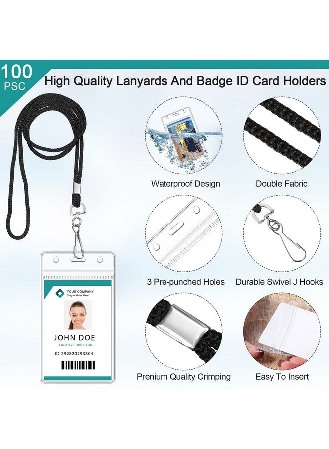 Marspark 100 Pieces Lanyards For Id Badges Name Tag Lanyards Bulk Neck Lanyard Badge Holder For Badge Reel Id Card Name Badge Holder Waterproof Plastic Resealable Card Sleeves Hook Cords (Black) - Image 4