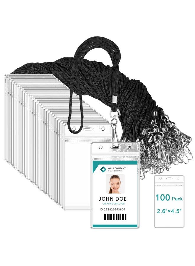 Marspark 100 Pieces Lanyards For Id Badges Name Tag Lanyards Bulk Neck Lanyard Badge Holder For Badge Reel Id Card Name Badge Holder Waterproof Plastic Resealable Card Sleeves Hook Cords (Black) - Image 1