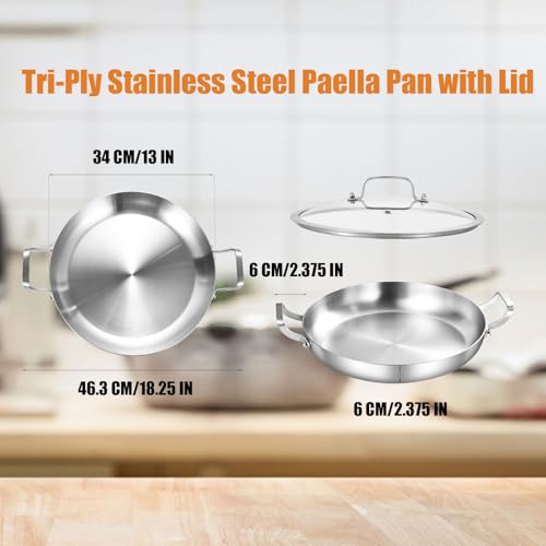 Inqibee 13 Inch Stainless Steel Paella Pan with Lid, Large Frying Pan Skillet with Double Riveted Handles, Wide Shallow Paellera for Stovetop, Induction Compatible, Oven Safe, Dishwasher Safe - Image 3