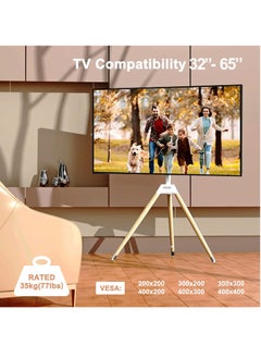 FlashHawk Tripod TV Stand with 180° Swivel & Tilt | Steel & Beech Wood Design | Height Adjustable for 32-65" Screens | Safety Rope & Cable Management ​| 35 kg Capacity White  - Image 2