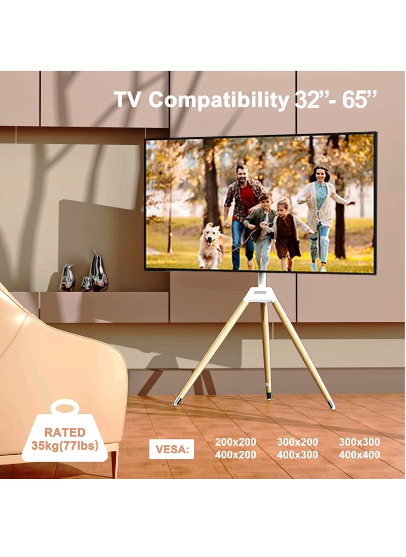 FlashHawk - Tripod TV Stand with 180° Swivel & Tilt | Steel & Beech Wood Design | Height Adjustable for 32-65" Screens | Safety Rope & Cable Management ​| 35 kg Capacity White - Image 1