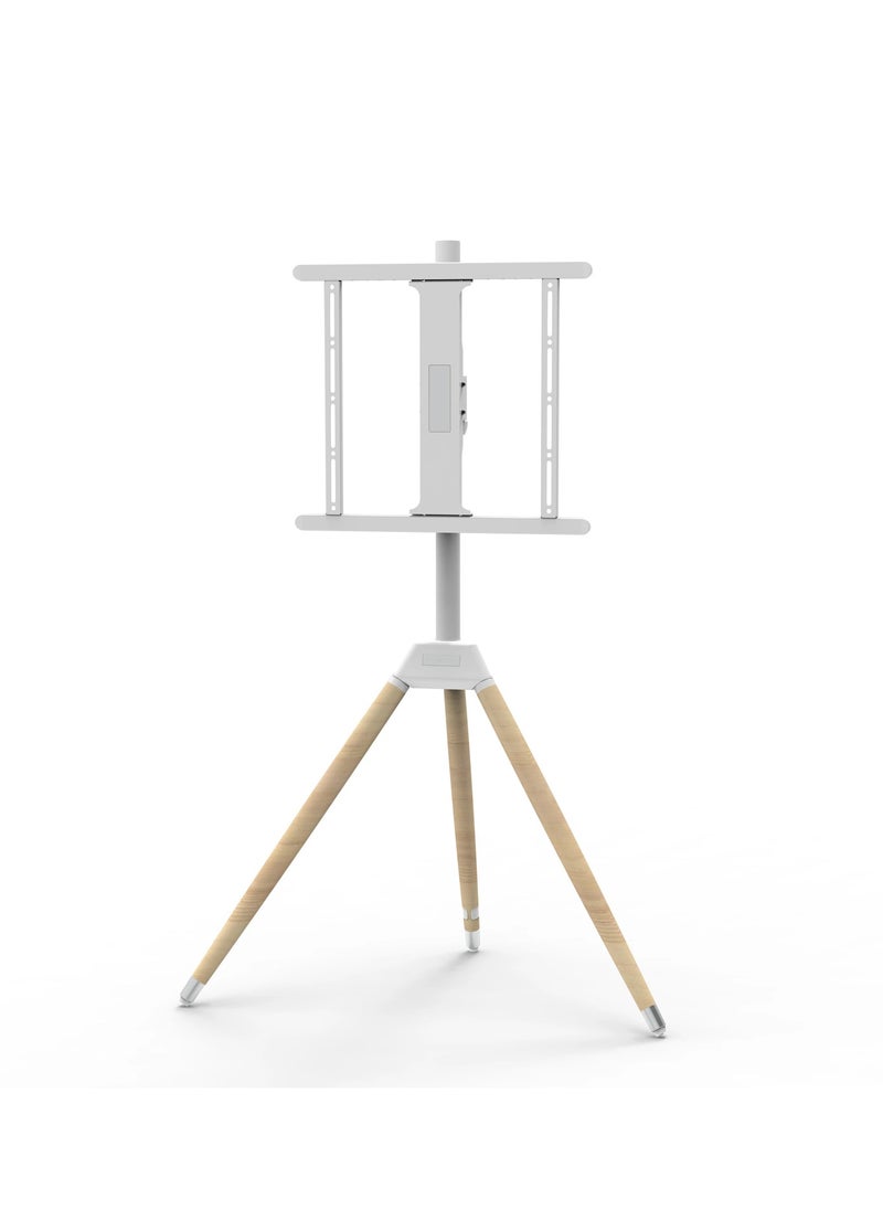 FlashHawk - Tripod TV Stand with 180° Swivel & Tilt | Steel & Beech Wood Design | Height Adjustable for 32-65" Screens | Safety Rope & Cable Management ​| 35 kg Capacity White - Image 1