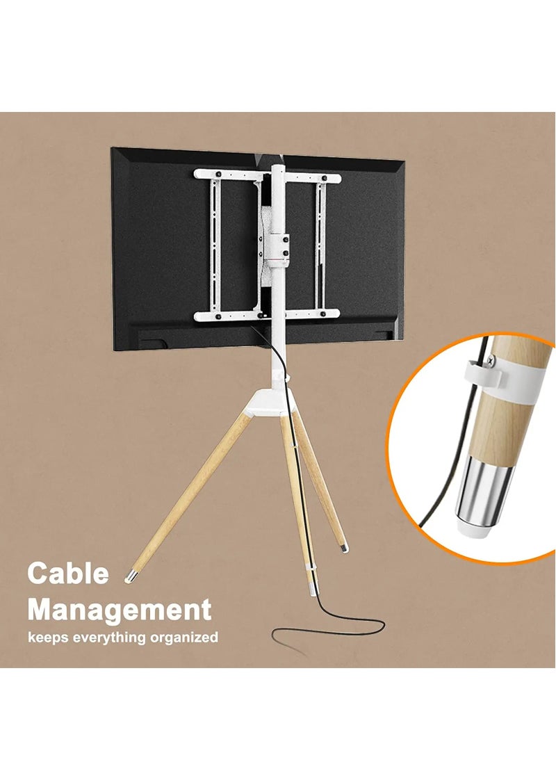 FlashHawk - Tripod TV Stand with 180° Swivel & Tilt | Steel & Beech Wood Design | Height Adjustable for 32-65" Screens | Safety Rope & Cable Management ​| 35 kg Capacity White - Image 1