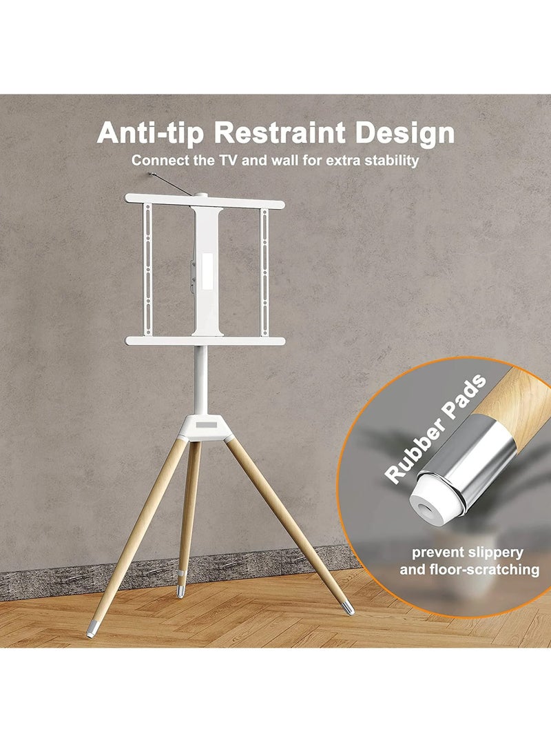 FlashHawk - Tripod TV Stand with 180° Swivel & Tilt | Steel & Beech Wood Design | Height Adjustable for 32-65" Screens | Safety Rope & Cable Management ​| 35 kg Capacity White - Image 1