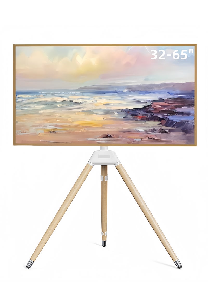 FlashHawk Tripod TV Stand with 180° Swivel & Tilt | Steel & Beech Wood Design | Height Adjustable for 32-65" Screens | Safety Rope & Cable Management ​| 35 kg Capacity White  - Image 1