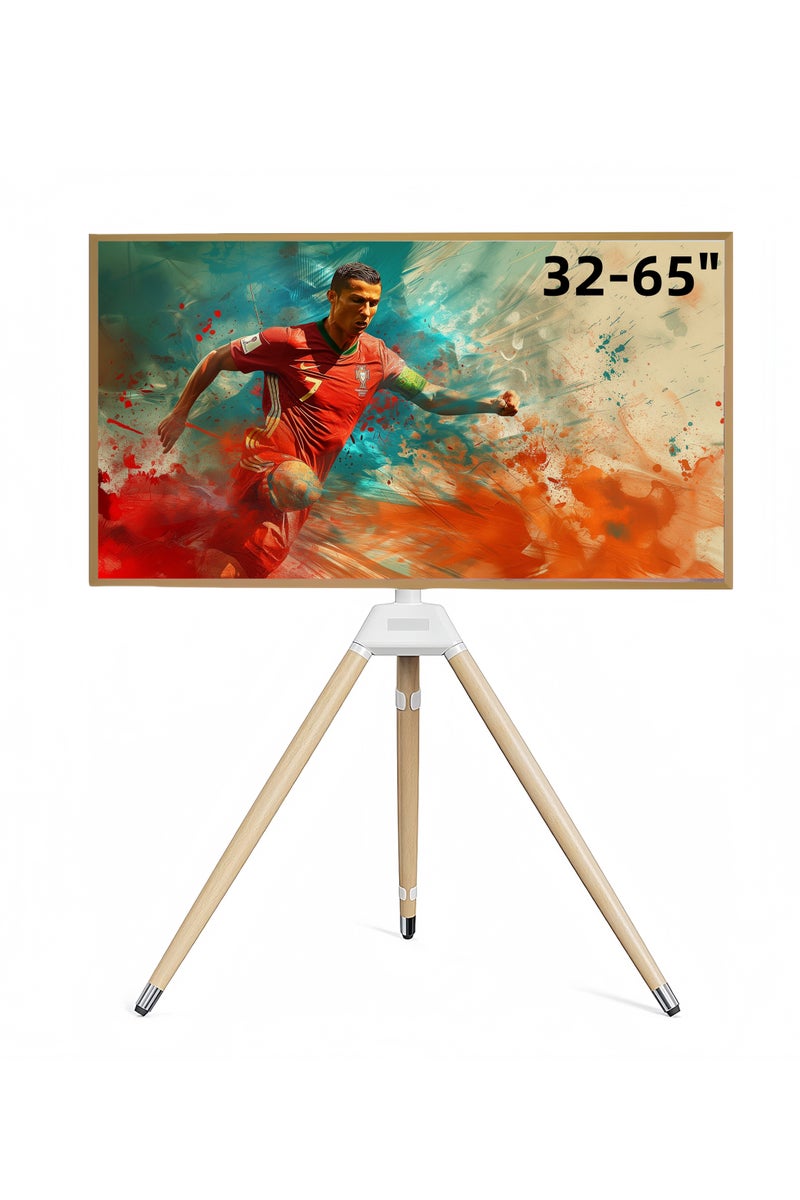 FlashHawk Tripod TV Stand with 180° Swivel & Tilt | Steel & Beech Wood Design | Height Adjustable for 32-65" Screens | Safety Rope & Cable Management ​| 35 kg Capacity White  - Image 1