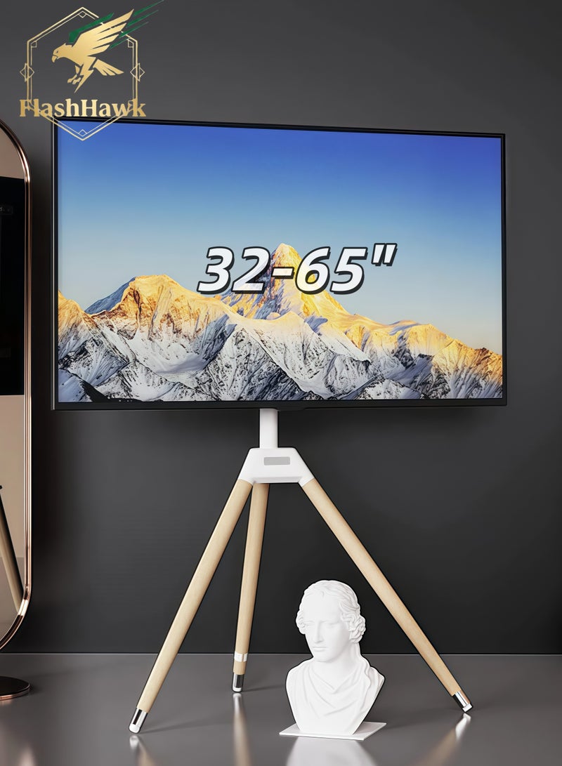 FlashHawk Tripod TV Stand with 180° Swivel & Tilt | Steel & Beech Wood Design | Height Adjustable for 32-65" Screens | Safety Rope & Cable Management ​| 35 kg Capacity White - Image 1