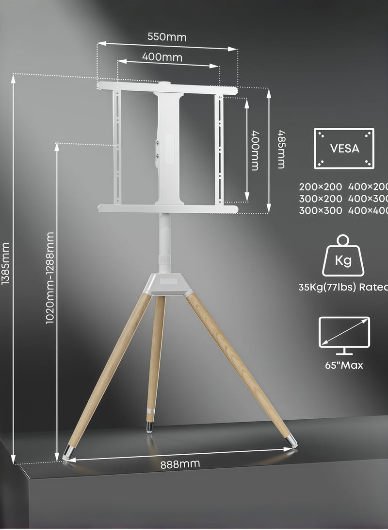 FlashHawk Tripod TV Stand with 180° Swivel & Tilt | Steel & Beech Wood Design | Height Adjustable for 32-65" Screens | Safety Rope & Cable Management ​| 35 kg Capacity White - Image 2