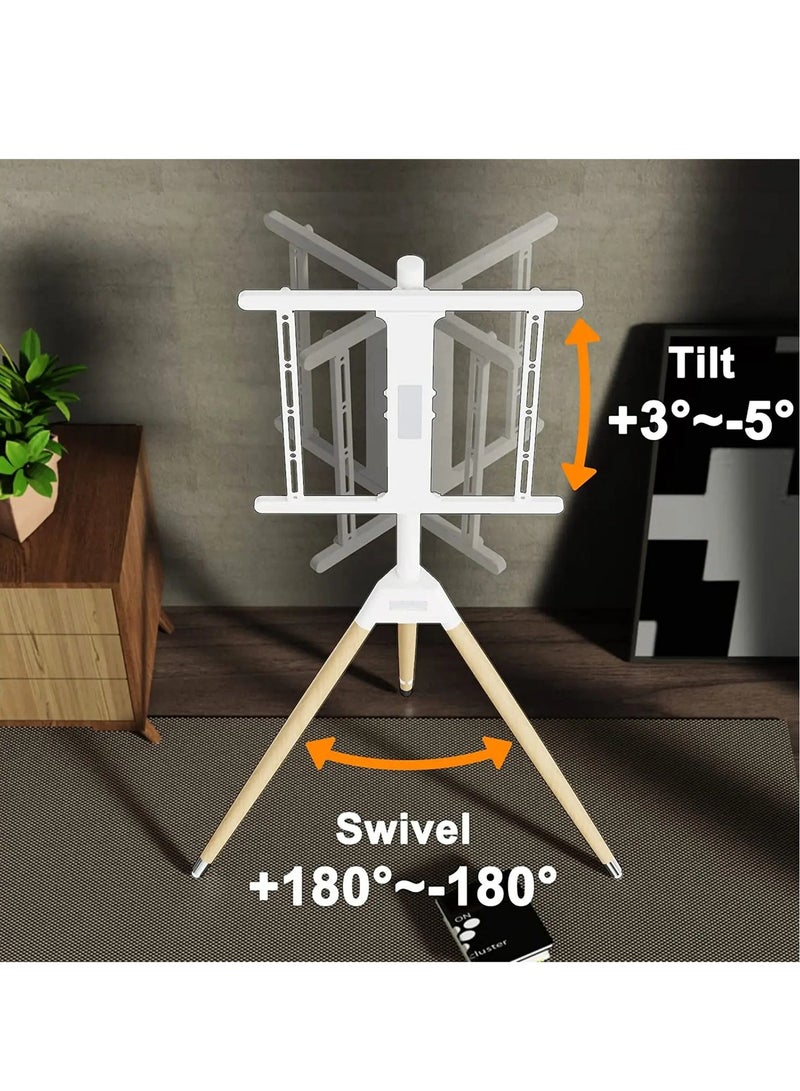 FlashHawk Tripod TV Stand with 180° Swivel & Tilt | Steel & Beech Wood Design | Height Adjustable for 32-65" Screens | Safety Rope & Cable Management ​| 35 kg Capacity White - Image 3