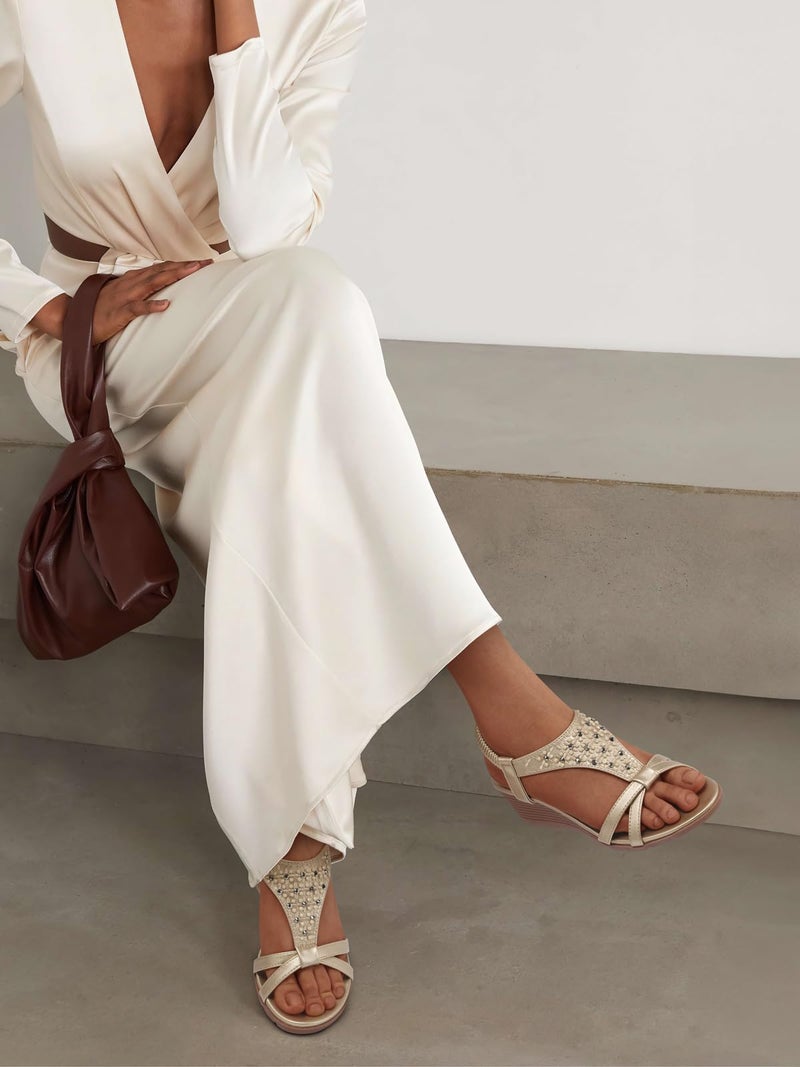 TEMOFON Sandals for Women Wedge Dressy: Summer Open Toe Dress Sandal Comfortable Casual Low Platform Beach Shoes Champagne Gold Size 8 - Image 2