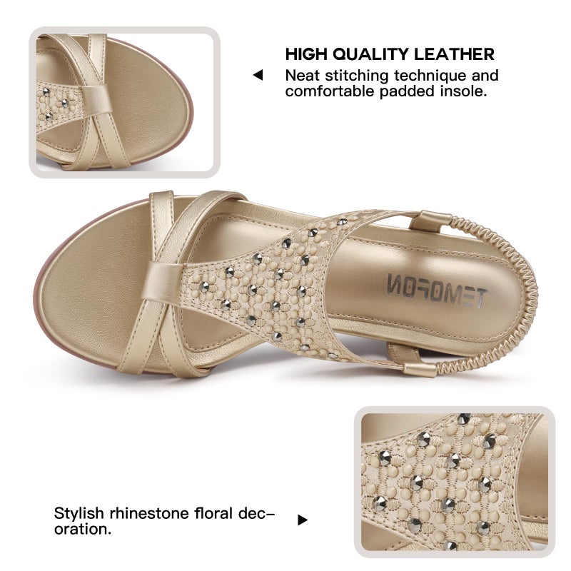TEMOFON Sandals for Women Wedge Dressy: Summer Open Toe Dress Sandal Comfortable Casual Low Platform Beach Shoes Champagne Gold Size 8 - Image 5