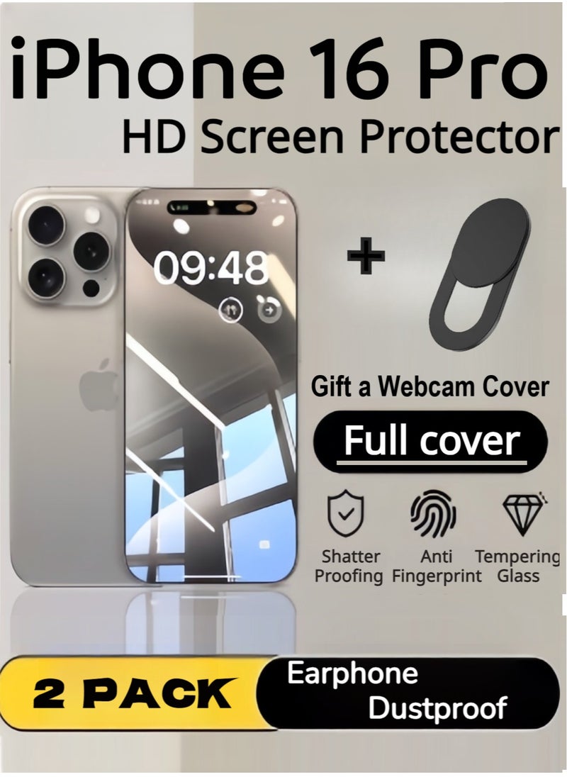 Generic iPhone 16 Pro Screen Protector 6.3 Inch HD Clear With a Webcam Cover Military Grade Phone Receiver Dustproff Protection Scratch Resistant, Anti-Fingerprint, Bubble Free, 9H Tempered Glass Film For iPhone 16 Pro-2Pack Clear  - Image 1