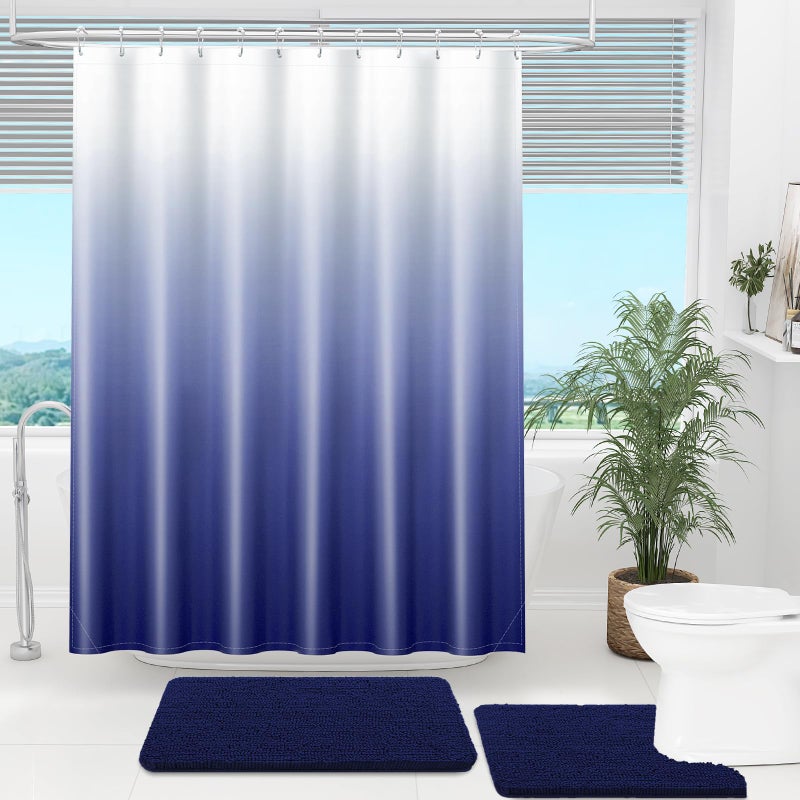 OLANLY Luxury Navy and White Ombre Shower Curtain Sets with 12 Hooks  Waterproof and Washable Decorative Shower Curtains for Bathroom  72x72 Inches - Image 2