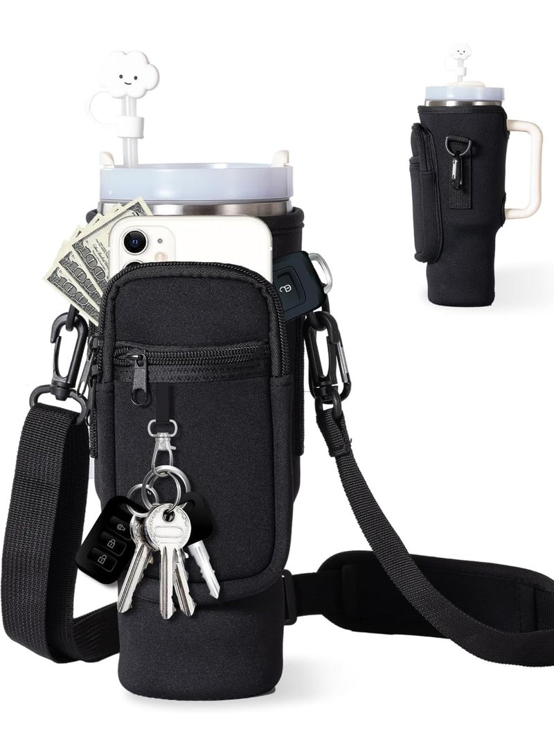 Rock Pow Water Bottle Carrier Bag with Phone Pocket for Stanley 40oz Tumbler with Handle Neoprene Water Bottle Holder Pouch with Adjustable Strap Bollus with Straw Cover & Carabiner for Cup Accessories  - Image 1
