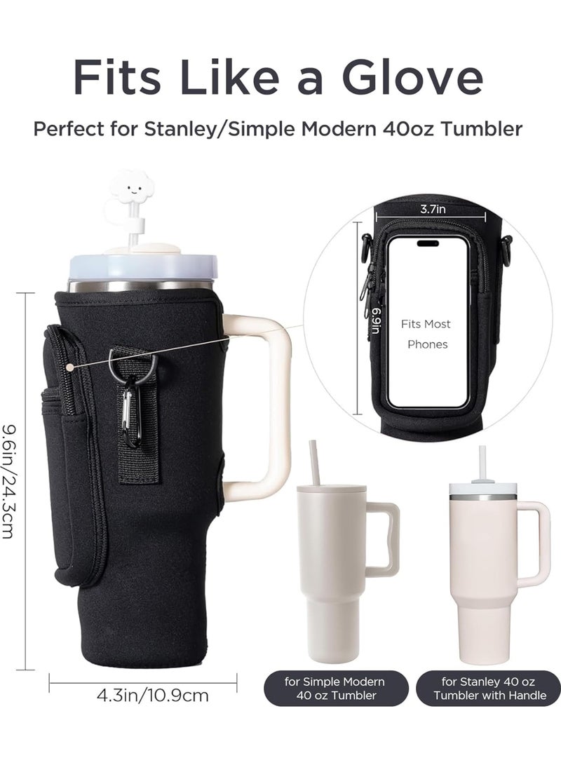 Rock Pow Water Bottle Carrier Bag with Phone Pocket for Stanley 40oz Tumbler with Handle Neoprene Water Bottle Holder Pouch with Adjustable Strap Bollus with Straw Cover & Carabiner for Cup Accessories  - Image 2