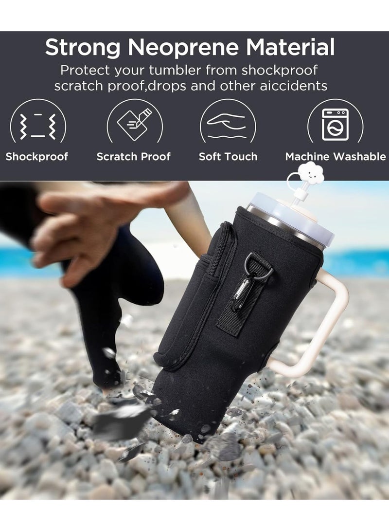 Rock Pow Water Bottle Carrier Bag with Phone Pocket for Stanley 40oz Tumbler with Handle Neoprene Water Bottle Holder Pouch with Adjustable Strap Bollus with Straw Cover & Carabiner for Cup Accessories  - Image 3