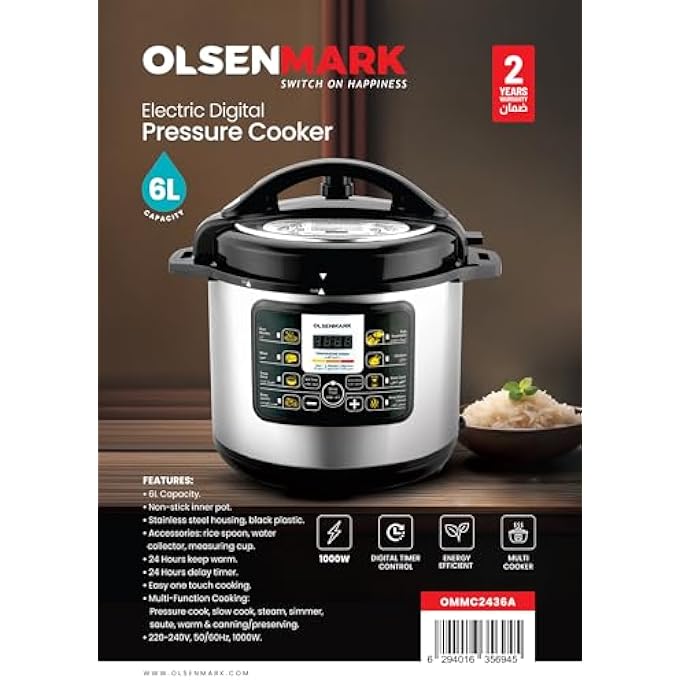أولسنمارك طنجرة ضغط كهربائية رقمية سعة 6 لتر Ommc2436 بقوة 1000 وات متعددة الوظائف للطهي مع مؤقت تأخير لمدة 24 ساعة وتحكم رقمي في المؤقت ووعاء داخلي غير لاصق وجسم من الفولاذ المقاوم للصدأ - Image 3