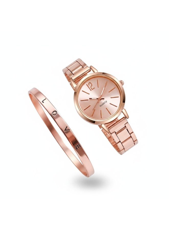 شي إن SHEIN 1pc Round Pointer Quartz Watch & 1pc Bracelet (Rose Gold) - Image 1