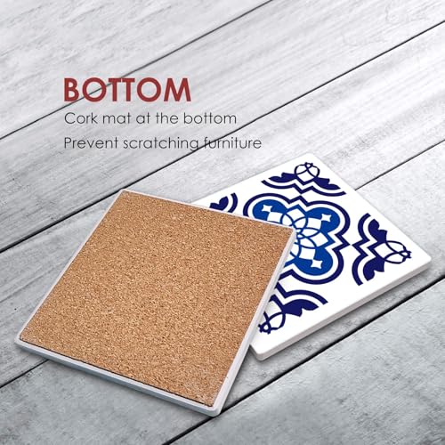 Bribay Coasters for Drinks Set of 6, Navy Blue Ceramic Tiles Geometric Pattern Absorbent Square Ceramic Stone Mat, with Cork Base and Metal Holder, Gift for Housewarming Room Bar Decor - Image 3