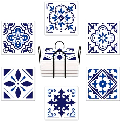 Bribay Coasters for Drinks Set of 6, Navy Blue Ceramic Tiles Geometric Pattern Absorbent Square Ceramic Stone Mat, with Cork Base and Metal Holder, Gift for Housewarming Room Bar Decor - Image 1