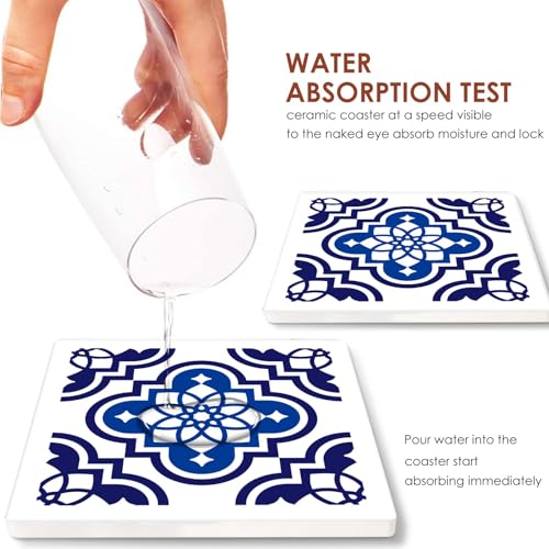 Bribay Coasters for Drinks Set of 6, Navy Blue Ceramic Tiles Geometric Pattern Absorbent Square Ceramic Stone Mat, with Cork Base and Metal Holder, Gift for Housewarming Room Bar Decor - Image 4
