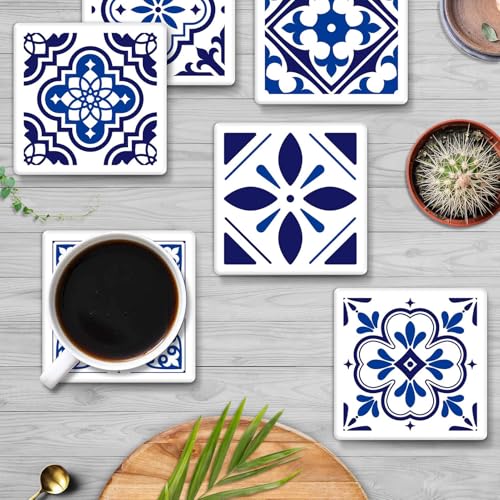 Bribay Coasters for Drinks Set of 6, Navy Blue Ceramic Tiles Geometric Pattern Absorbent Square Ceramic Stone Mat, with Cork Base and Metal Holder, Gift for Housewarming Room Bar Decor - Image 2