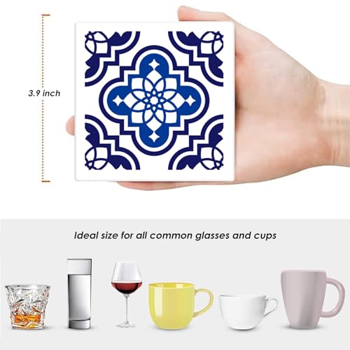 Bribay Coasters for Drinks Set of 6, Navy Blue Ceramic Tiles Geometric Pattern Absorbent Square Ceramic Stone Mat, with Cork Base and Metal Holder, Gift for Housewarming Room Bar Decor - Image 5