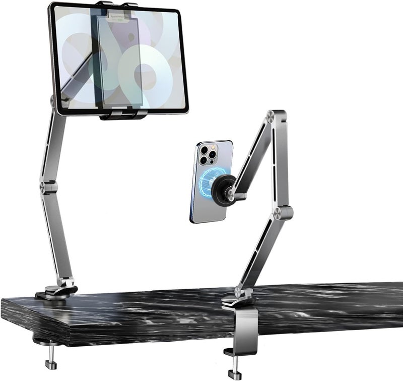 KASTWAVE Tablet Stand for Desk, iPad Desk Mount, Magnetic Desktop Holder with 360° Adjustable Rotatable Arm, Foldable Phone Holder Stands for 4.7-15.6" Screen, Suitable for Tablets and Phones (Grey) - Image 1