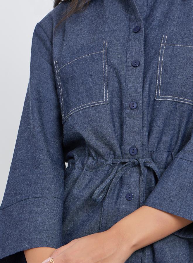 ستايلي قميص دنيم سادة بأكمام ثلاثة أرباع وخصر برباط - Image 3