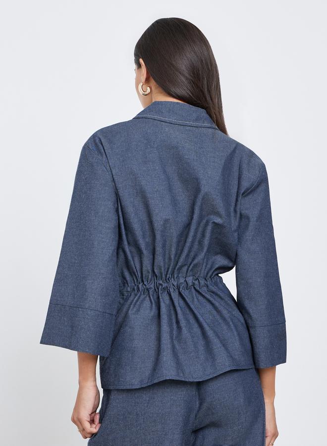 ستايلي قميص دنيم سادة بأكمام ثلاثة أرباع وخصر برباط - Image 4